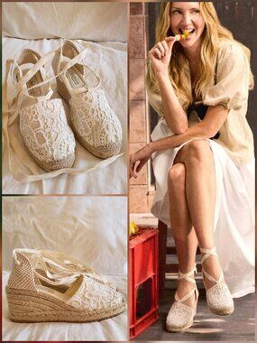 Gaimo Handmade White Eyelet Lace Espadrille Wedge Sandals Ankle Tie Ribbon 37